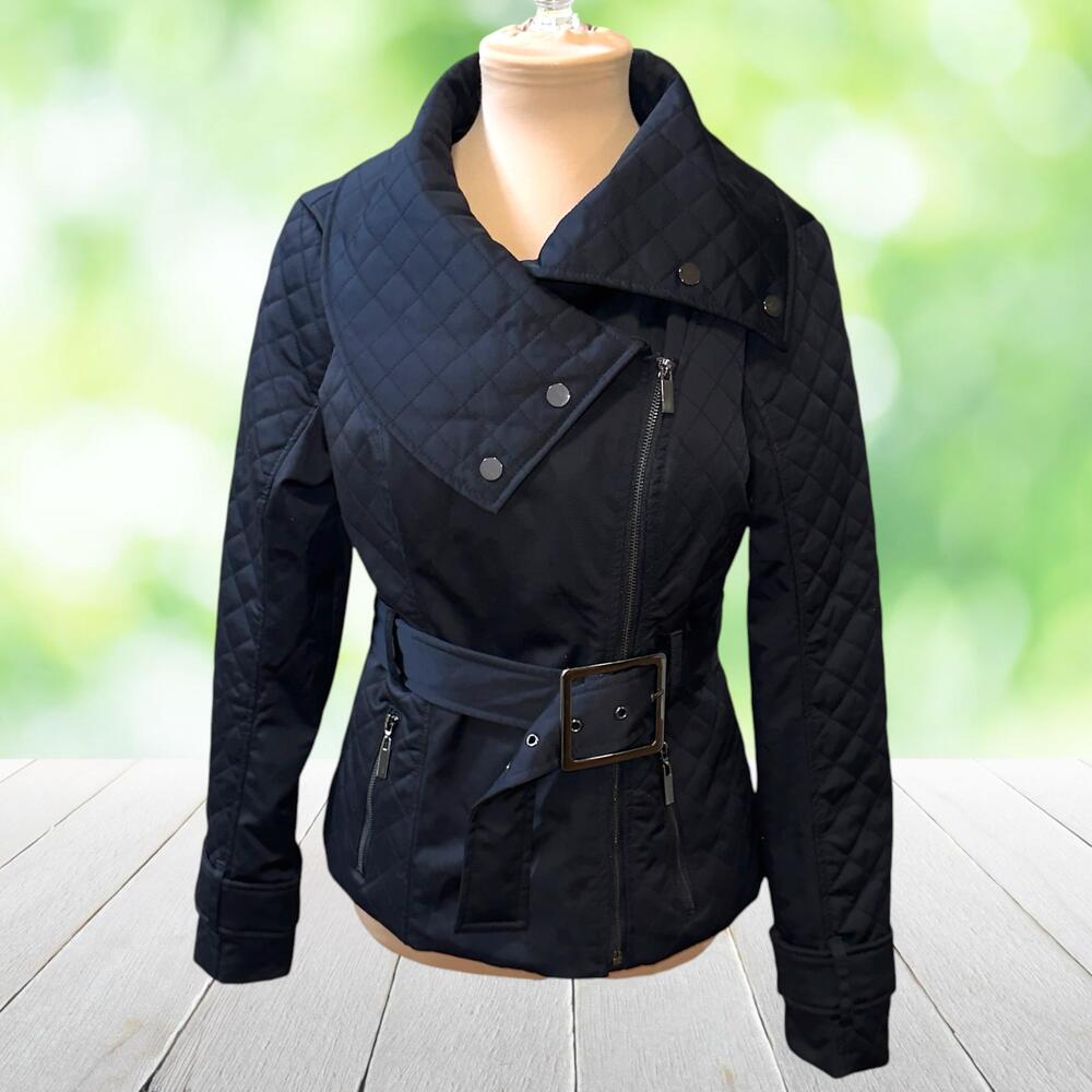 WHBM Belted Moto Jacket Quilted Asymmetrical Zip Black Silver Hardware Size M